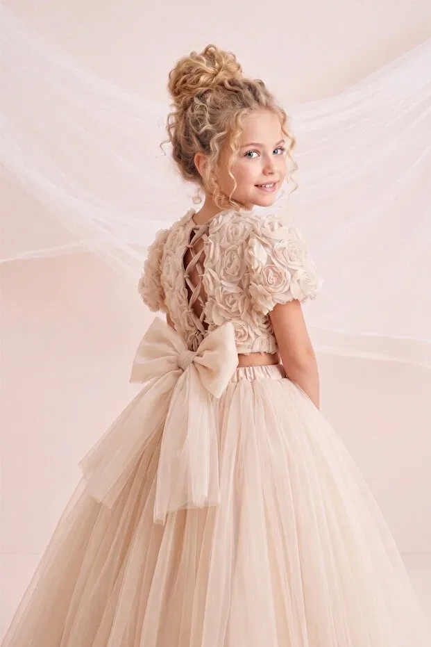 Детское платье для девочек с коротким рукавом Rose Tulle Princess Dress Alyra, Ecru — фото 2