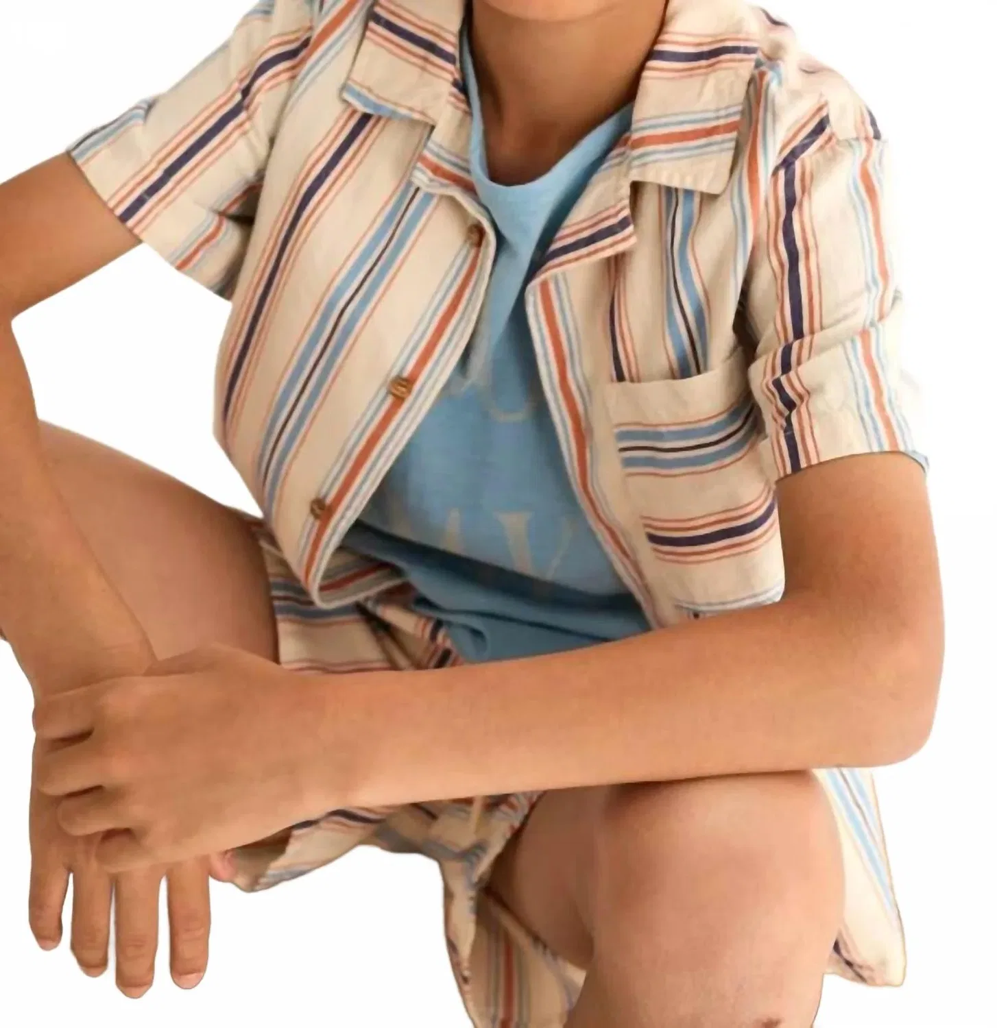 Детская рубашка с коротким рукавом и полосками Iro Striped Cotton Button Up Cozmo, Ivory — фото 4