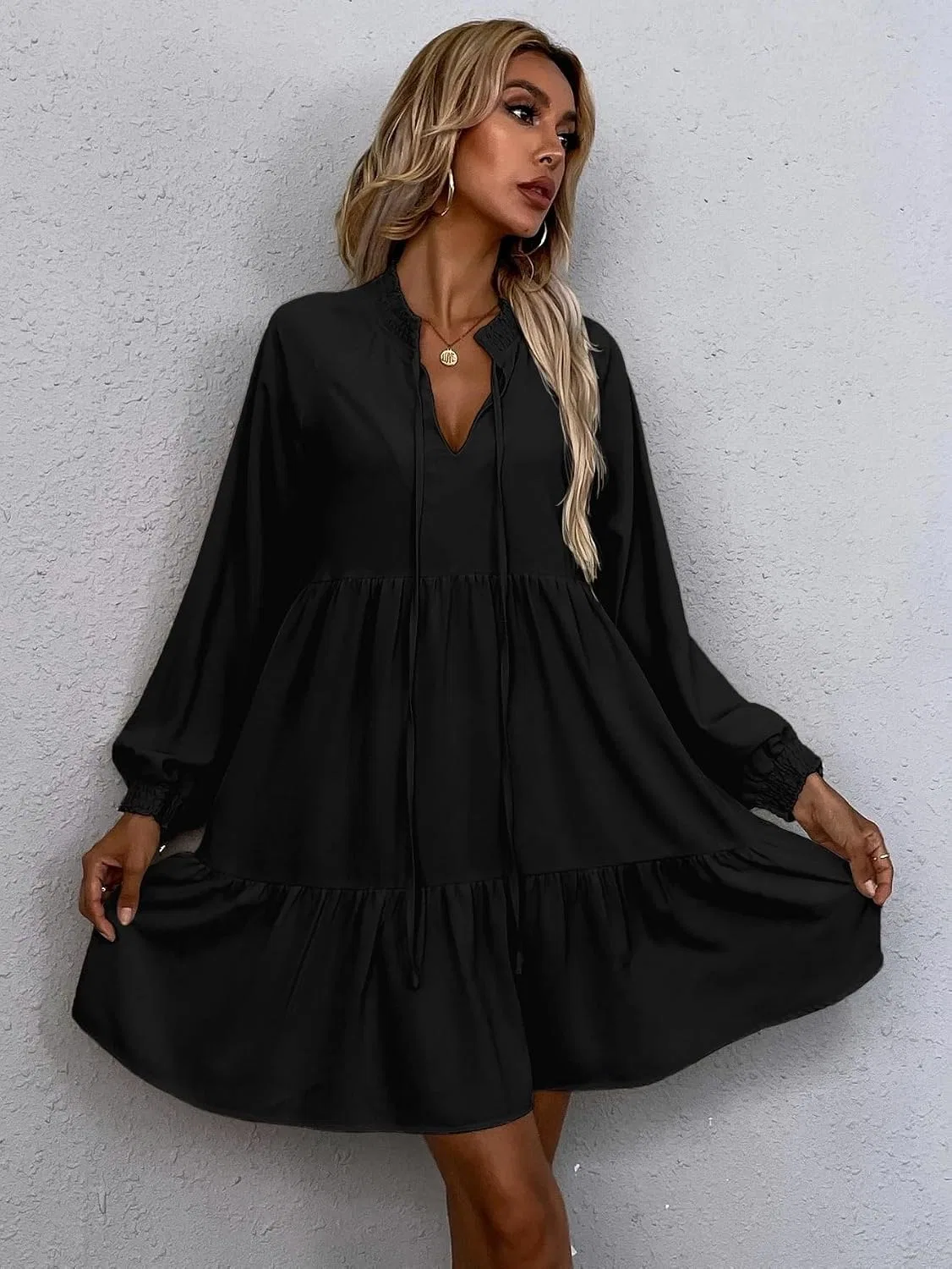 Женское короткое платье с завязками на шее Smock, Black — фото 3