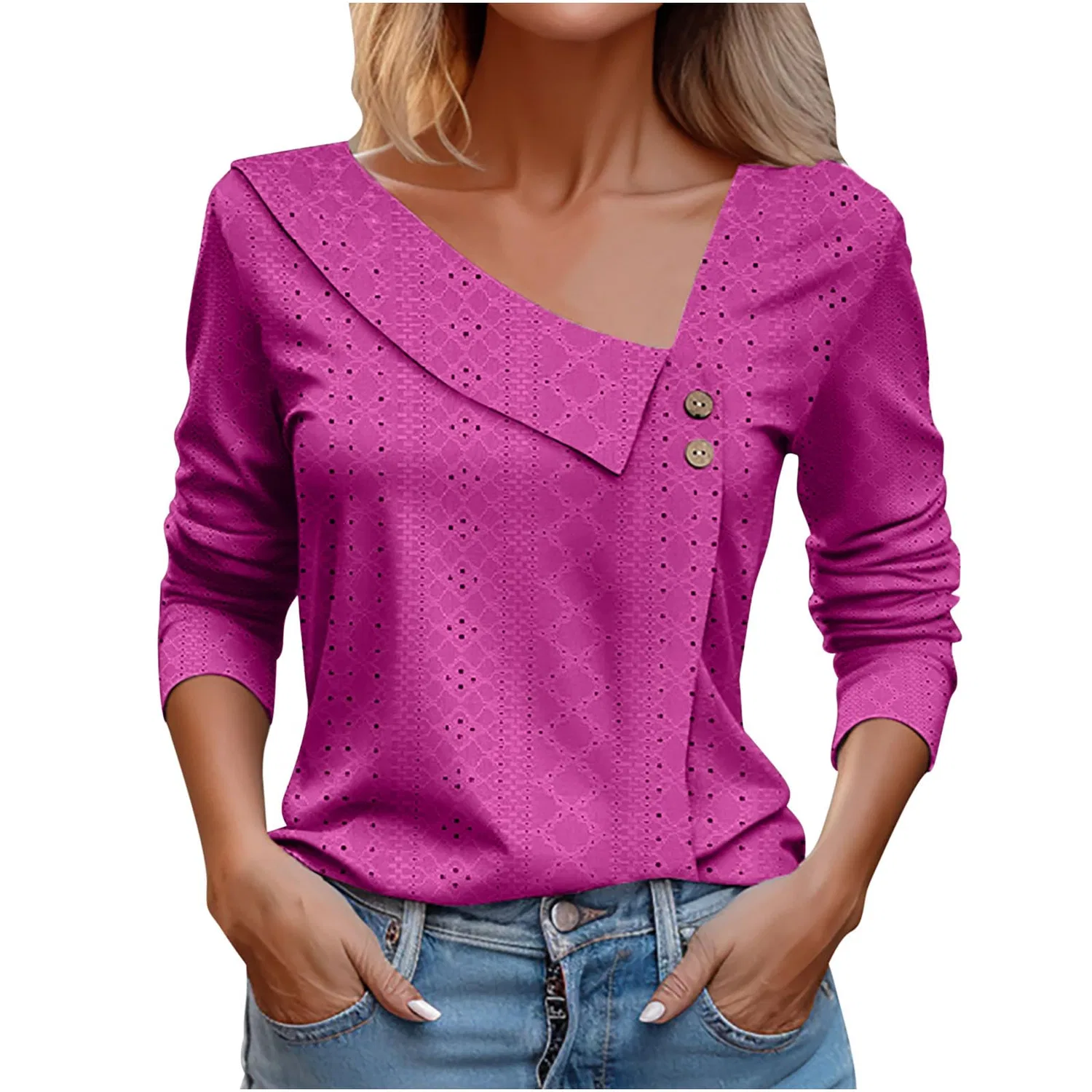 Женская блуза свободного кроя с V-образным вырезом Elegant Loose V-Neck Solid Color Button Neck Top, Hot Pink-2