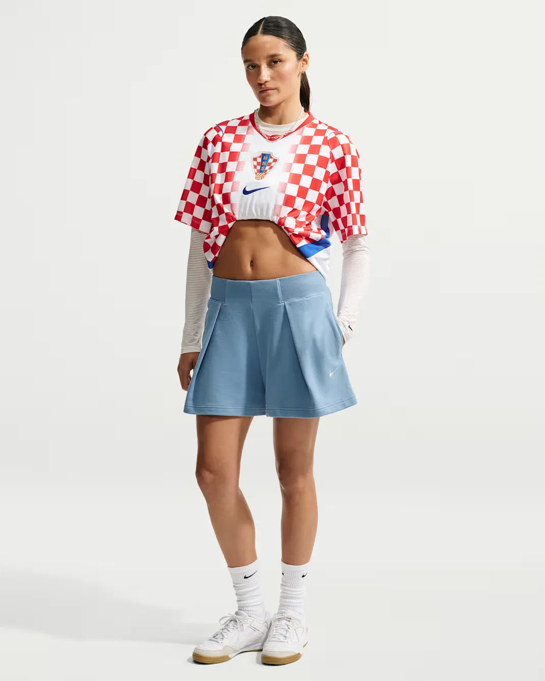 Женские плиссированные шорты с высокой посадкой Nike Studio Fleece Lightweight "French Terry", Work Blue/Sail