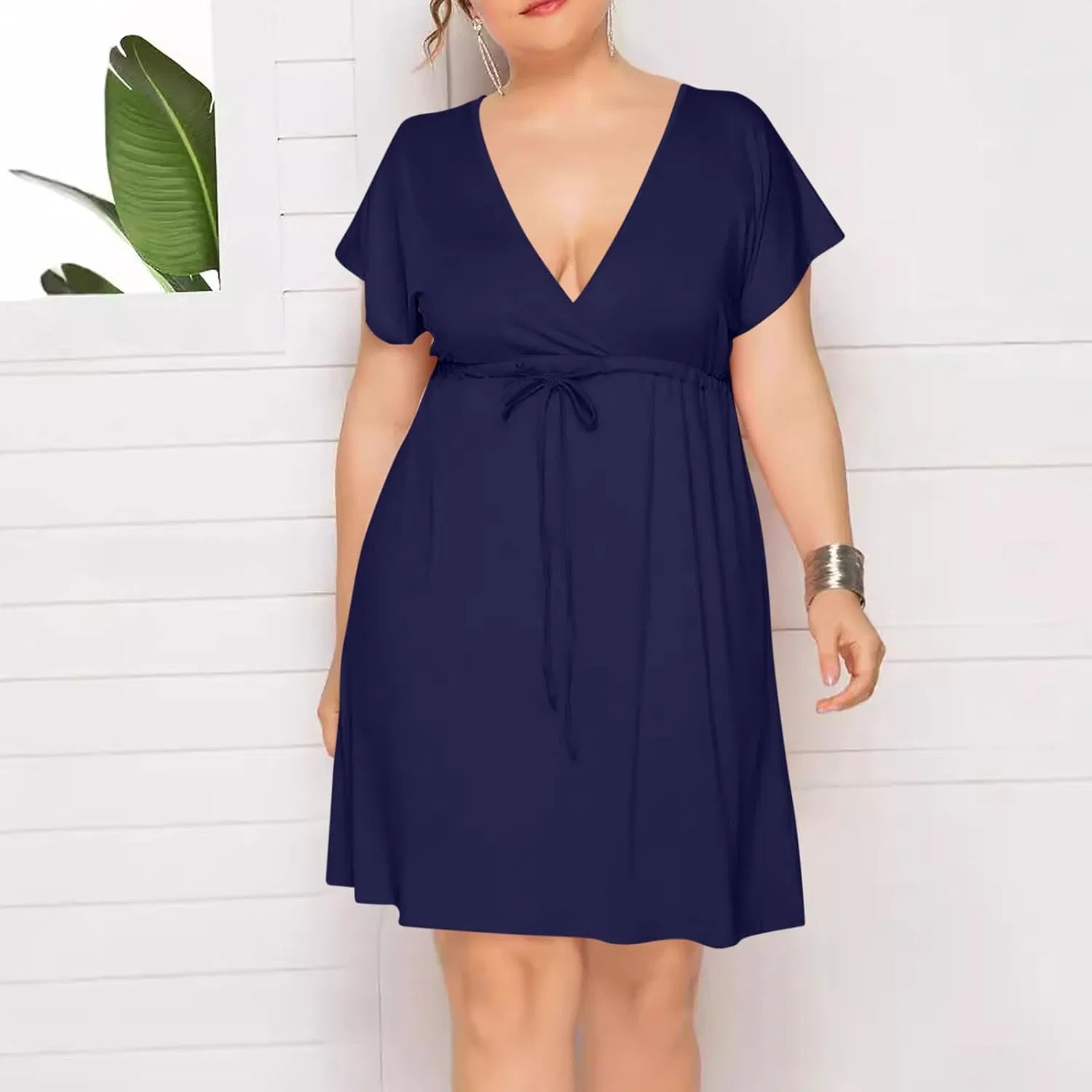 Женское платье V-образным вырезом с коротким рукавом, Dark Blue — фото 3