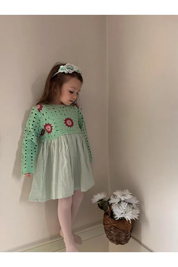 Детское платье для девочек с принтом Muslin strain detailed dress Alpids, Green — фото 4