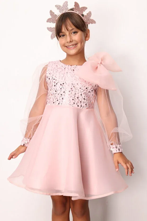 Детское платье для девочек с пайетками Powder Bow Detailed Sequin Girls' Dress - Wendy Le Mabelle, Powder — фото 3
