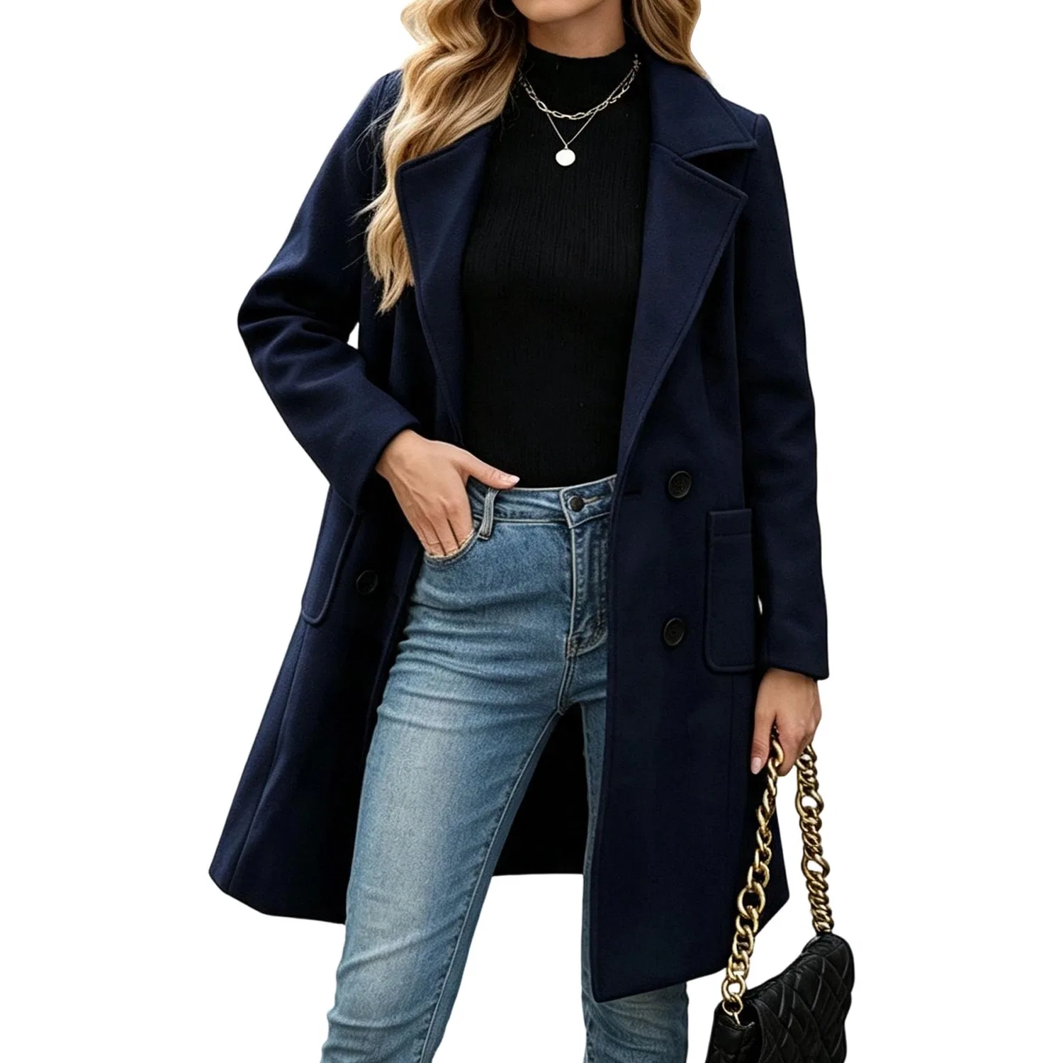 Женское зимнее двубортное пальто с притачным лацканом, Blu navy