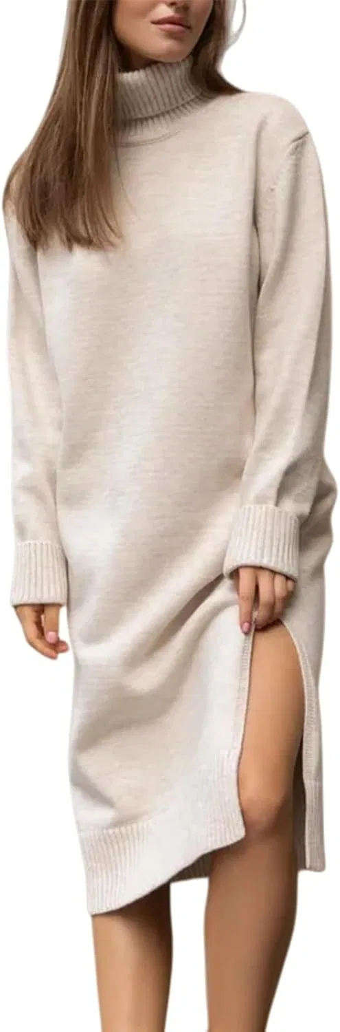Женское вязаное платье с высоким воротом водолазка Oversized, Apricot