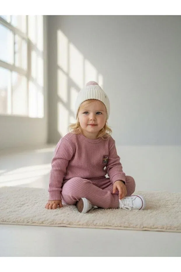 Детский комплект из хлопка с принтом Baby Girl Cotton Ribbed Tracksuit Set Zekids, Rose Dry — фото 2