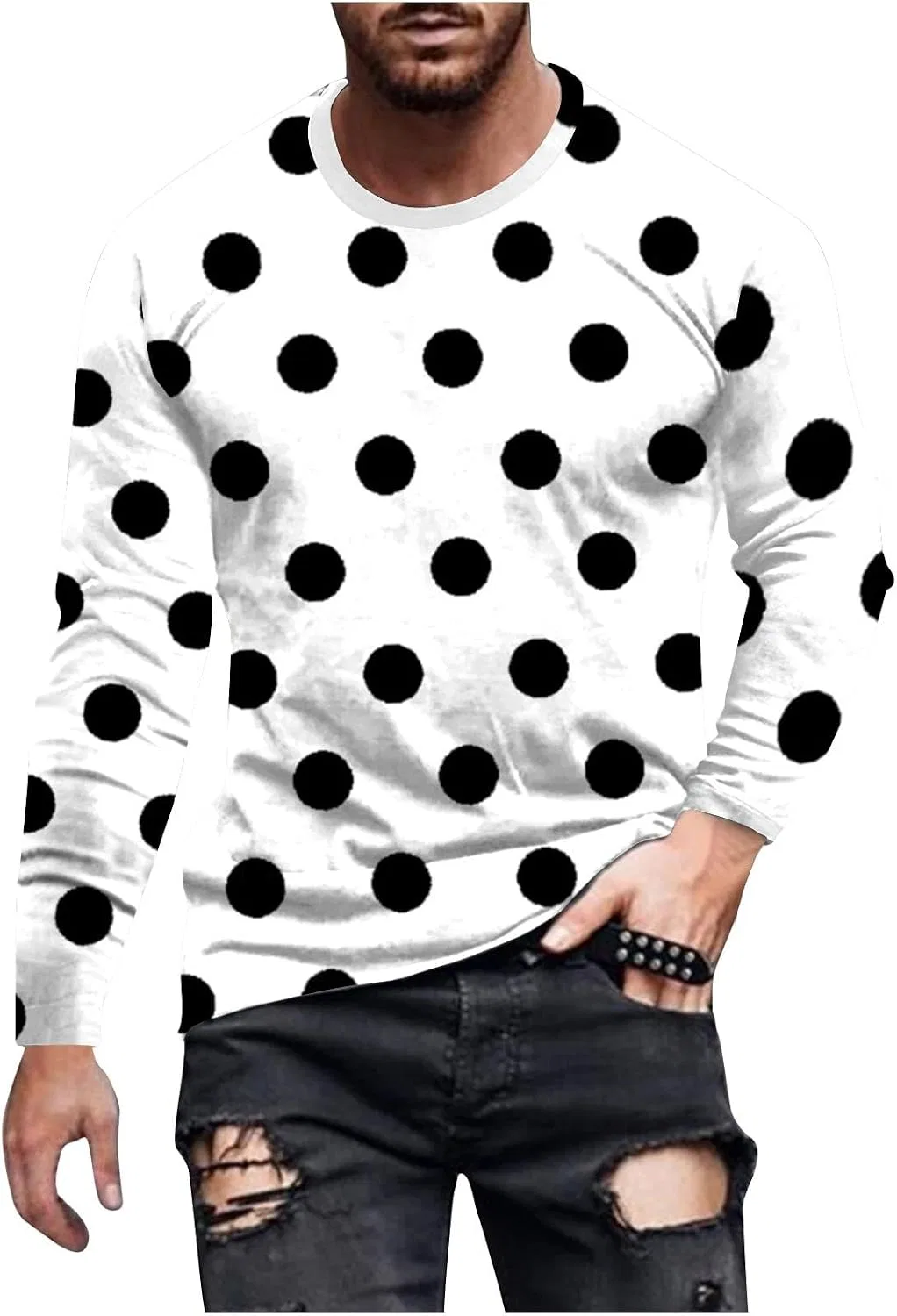 Мужская футболка с горошком Crew Neck Long Sleeve, White