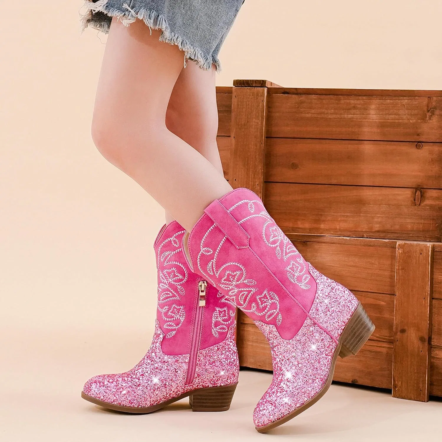 Детские сапоги для девочек с вышивкой Cowgirl Boots LAURMOSA, Pink Sequins — фото 2