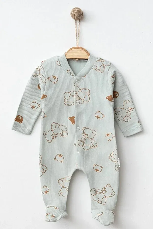Детский комбинезон с принтом Unisex baby teddy bear themed themed jumpsuit with snap fasteners booties newborn baby outfit 0-3-6 months Enia Baby, Green