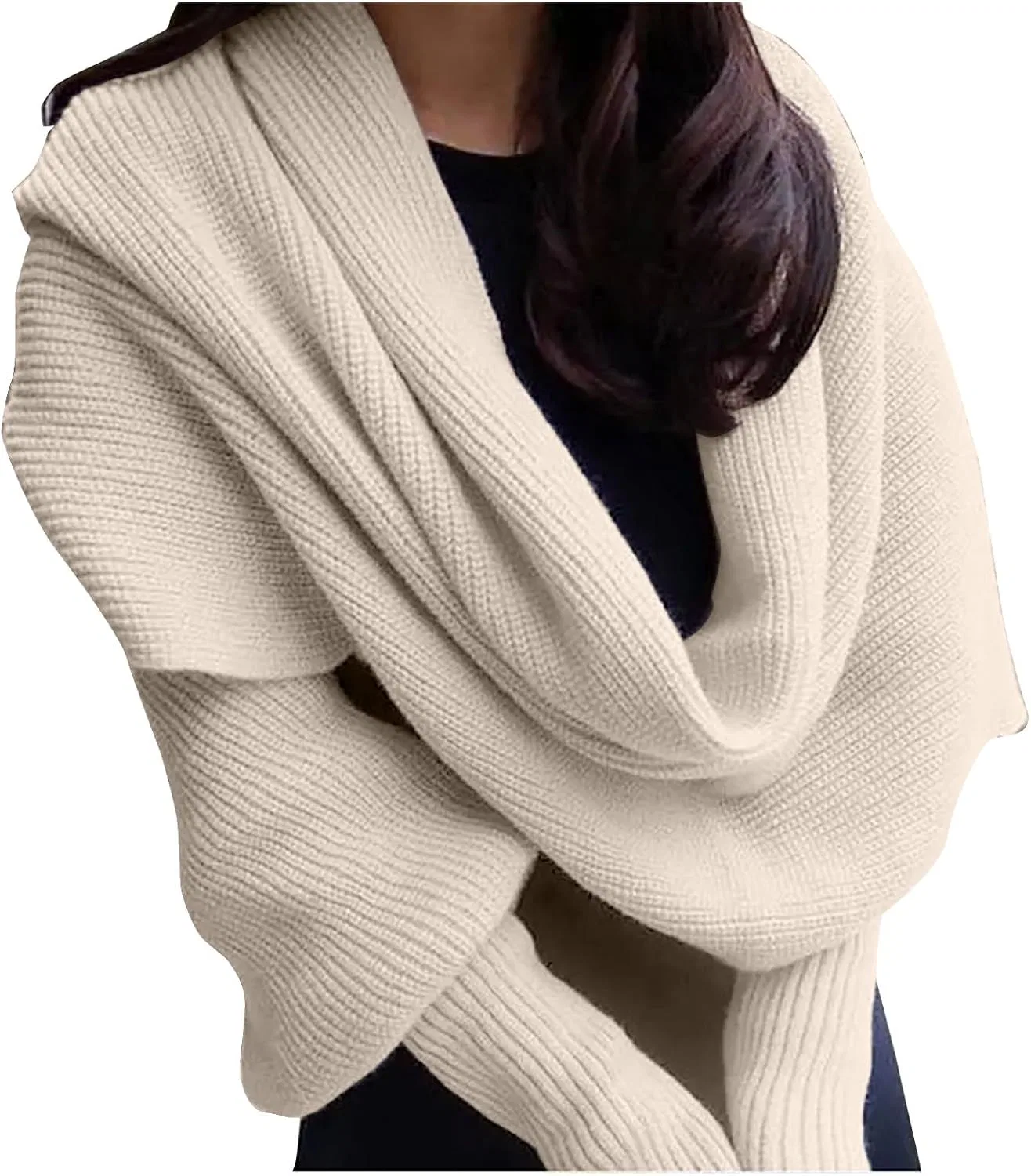 Женский вязаный кардиган-шраг с рукавами, модель Scarf with Sleeves, бежевый — фото 2