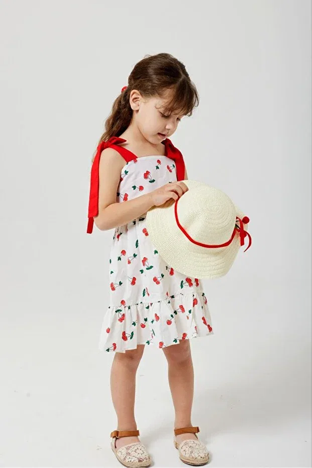 Детское платье для девочек с принтом Cherry patterned dress with hat Mevababy Tugba Bayraktar, White — фото 4