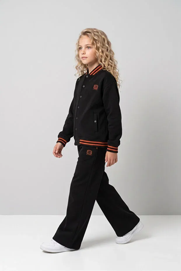 Детский комплект для девочек с воротником-бомбер College Collar Wide Leg Tracksuit Set Black One, Black — фото 3