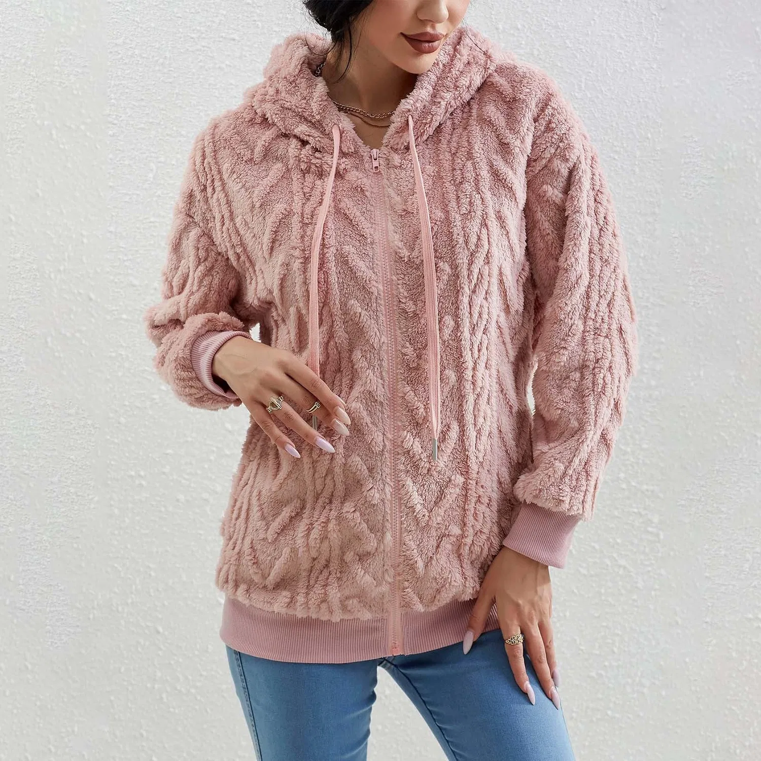 Женское утеплённое пальто с капюшоном и молнией, флисовое, с карманами, pink — фото 2