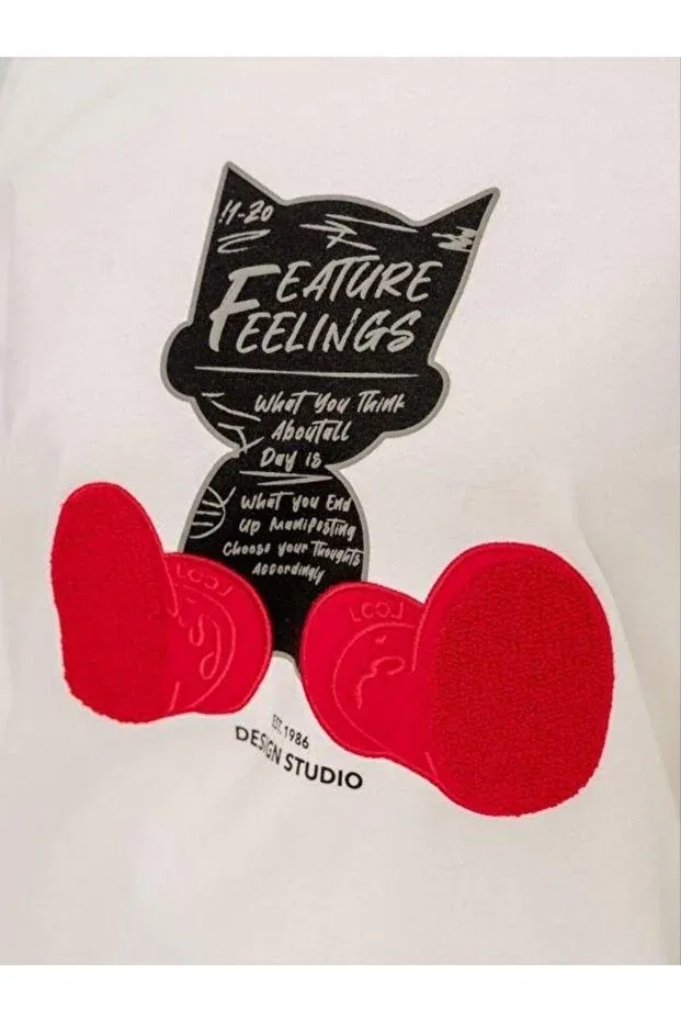 Детская толстовка для девочек с принтом Cat Printed Girl's Sweatshirt Zekids, Ecru — фото 2
