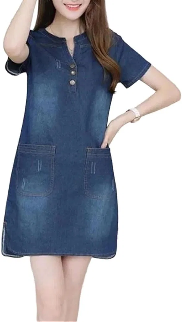 Женское джинсовое платье V-образным вырезом с коротким рукавом, Slim Fit