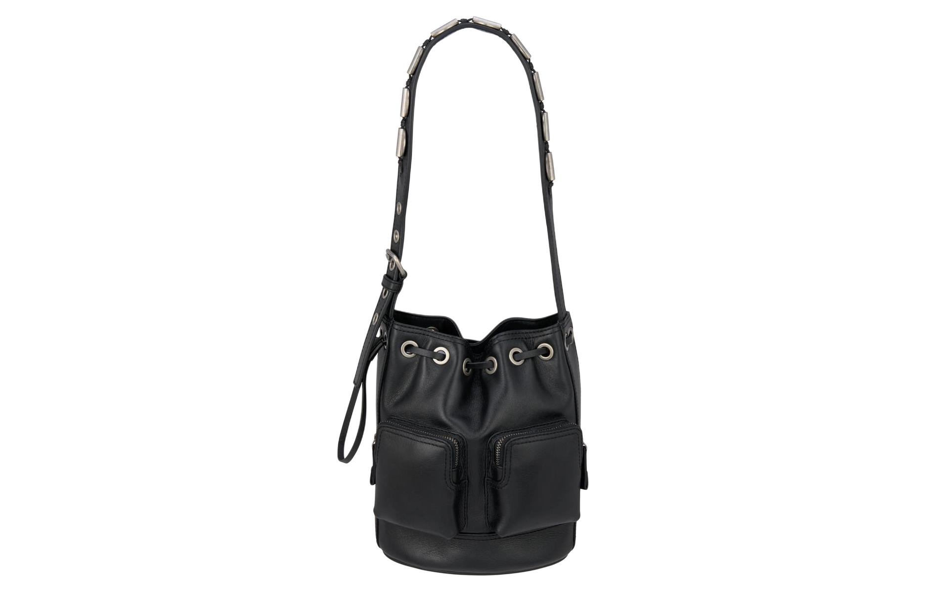 

ZARA Кожаная сумка ведро через плечо женская черная, Black