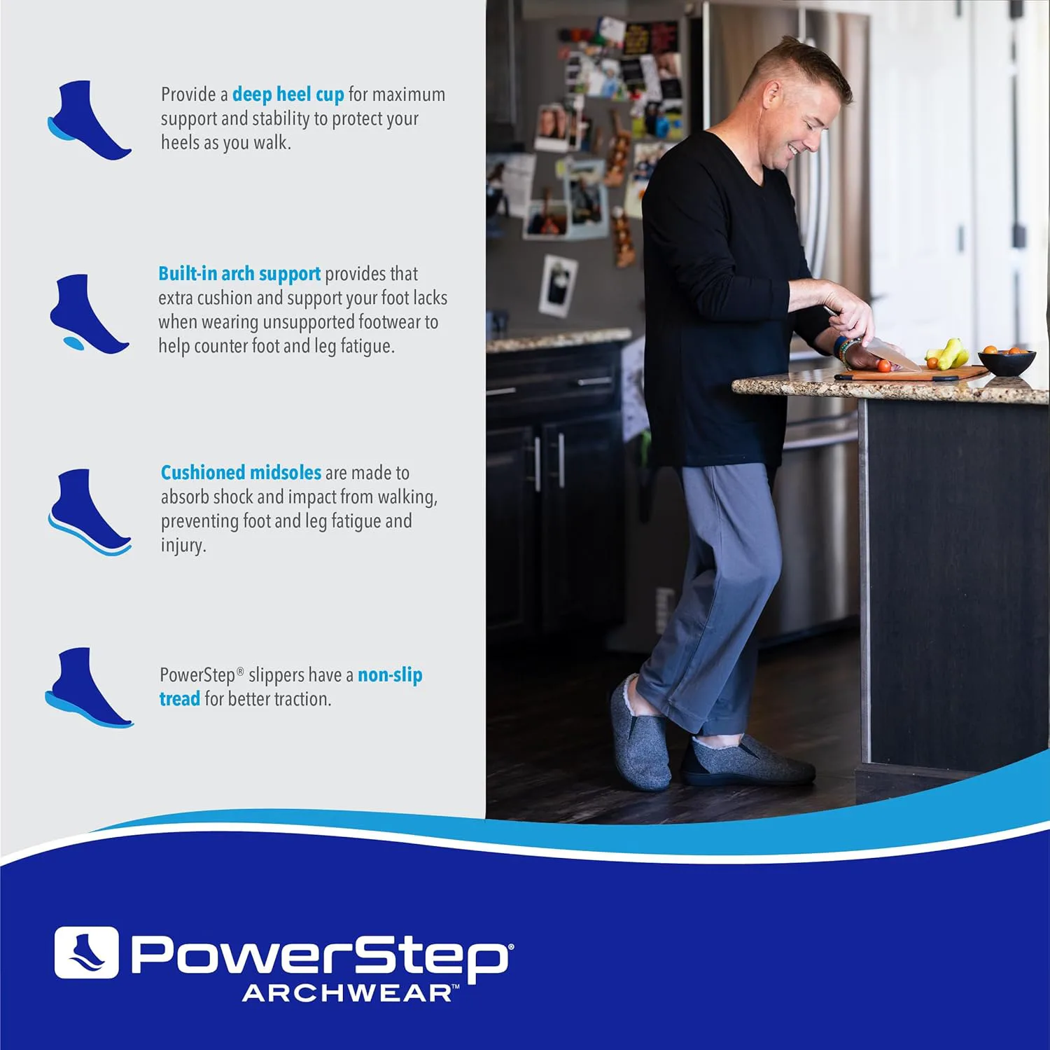 Мужские ортопедические тапочки PowerStep Archwear с поддержкой свода стопы, амортизирующей подошвой и противоскользящим покрытием, светло-коричневый/темно-серый — фото 3