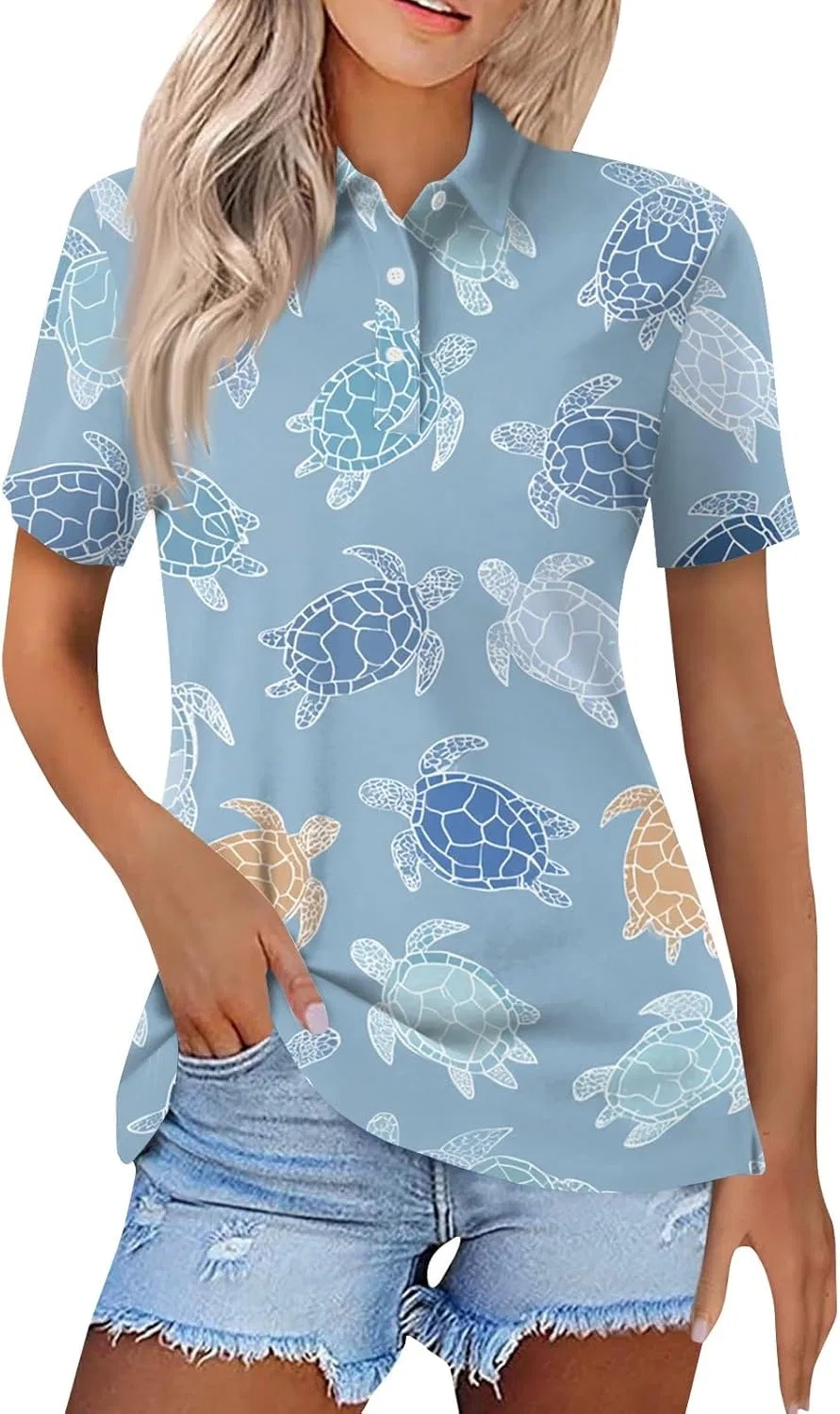 Женская футболка поло с коротким рукавом, свободного кроя, 02-Sky Blue