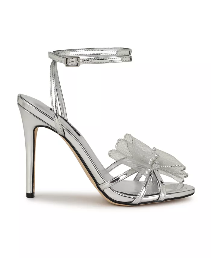 Женские стрейчевые босоножки на шпильке Minky с ремешками Nine West, серебряный — фото 2