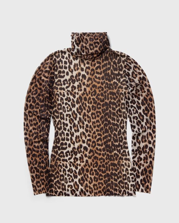 

Топ Ganni Printed Mesh Long Sleeve Rollneck, цвет leopard