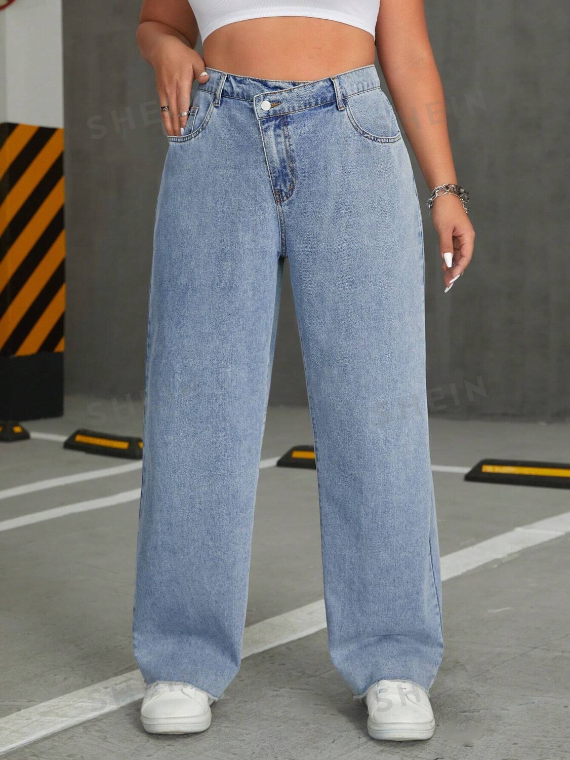

EZwear Женские джинсы больших размеров, асимметричная талия, деним Shein, синий