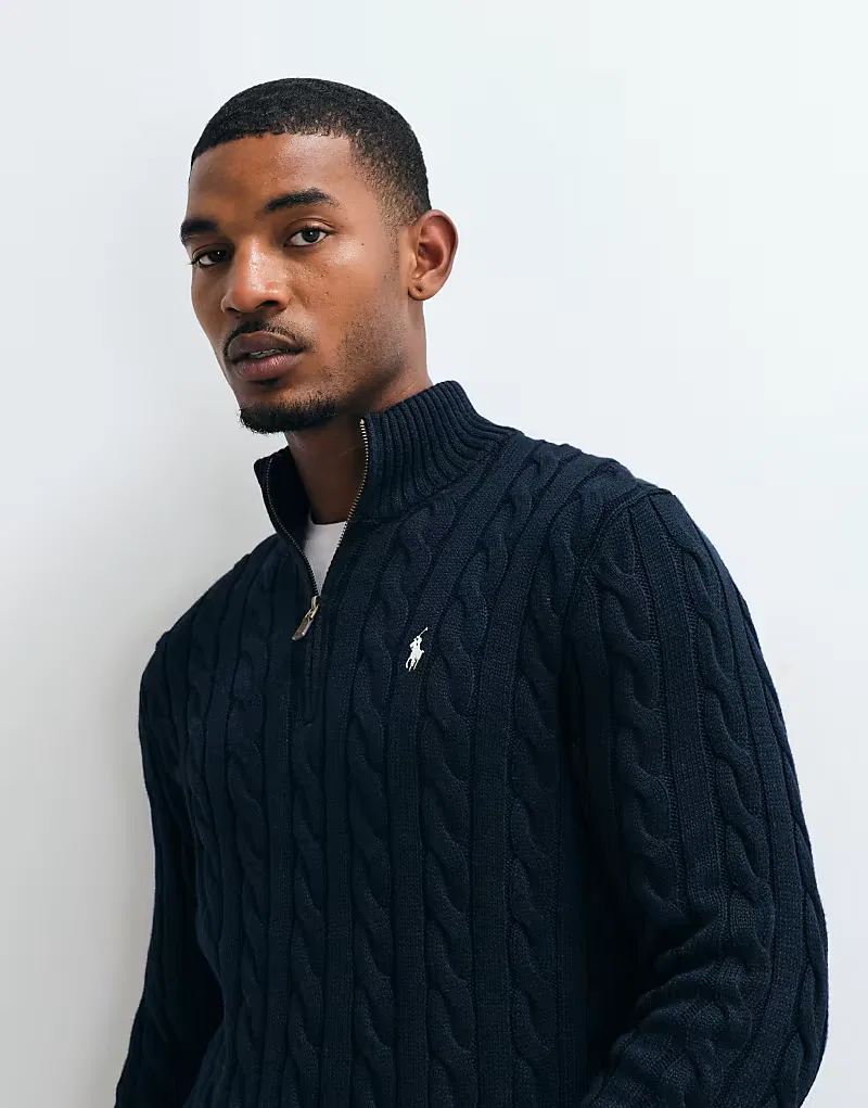 Хлопковая толстовка Polo Ralph Lauren с логотипом Icon и косами, застежка-молния до середины груди, темно-синий