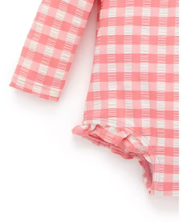 Детский купальник для девочек с длинным рукавом Frilly Long Sleeve Swimsuit Purebaby, Pomegranate Gingham — фото 3