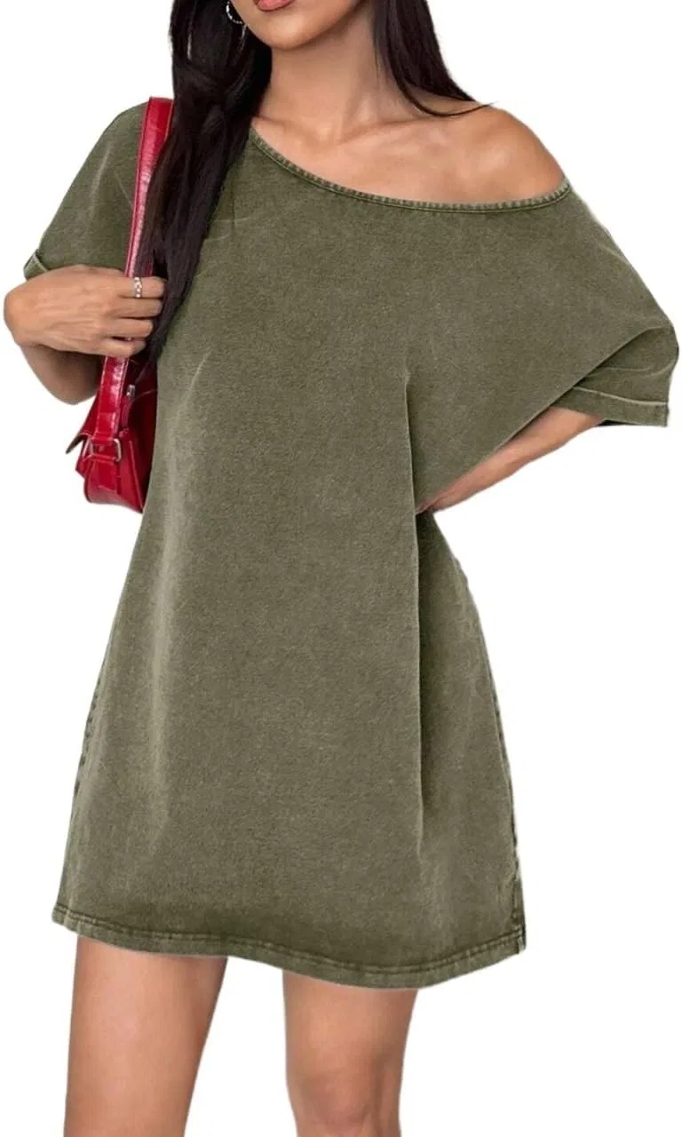 Женское повседневное платье свободного кроя с асимметричным плечом, Army Green