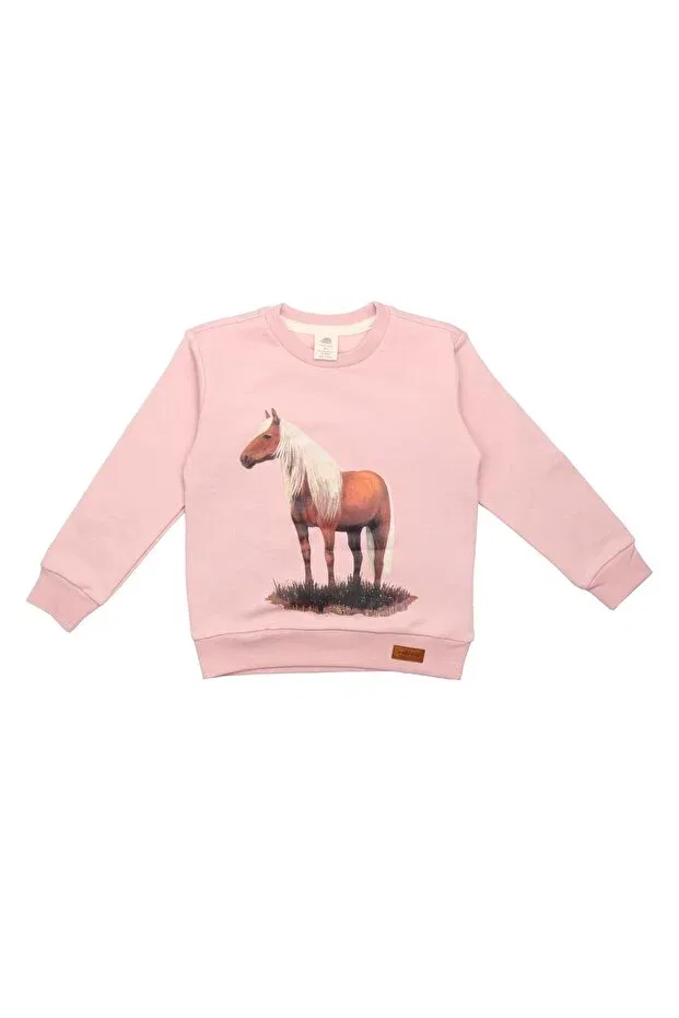 Детские свитшот для девочек с принтом Pink Horse Printed Organic Kids Sweatshirt Walkiddy, Pink — фото 3