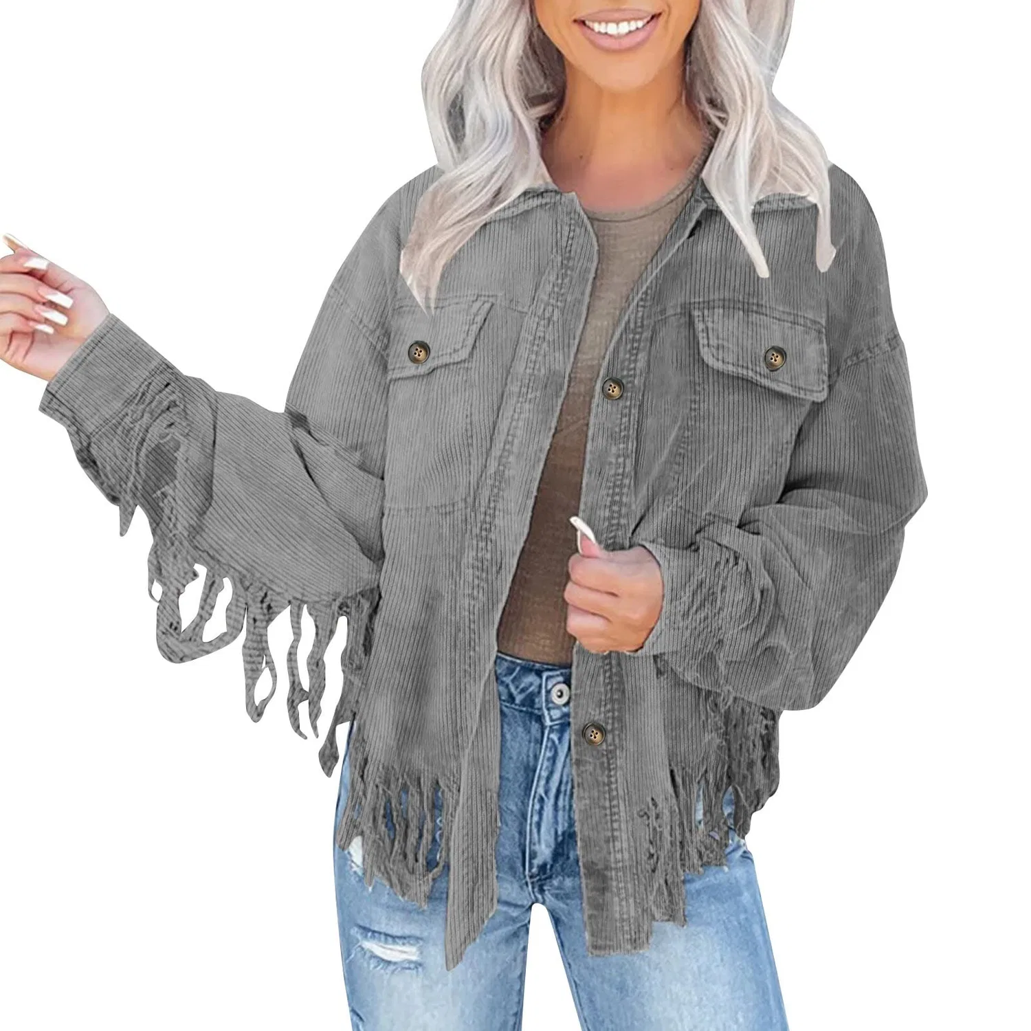 Женское пальто с длинным рукавом с кисточками, Grey