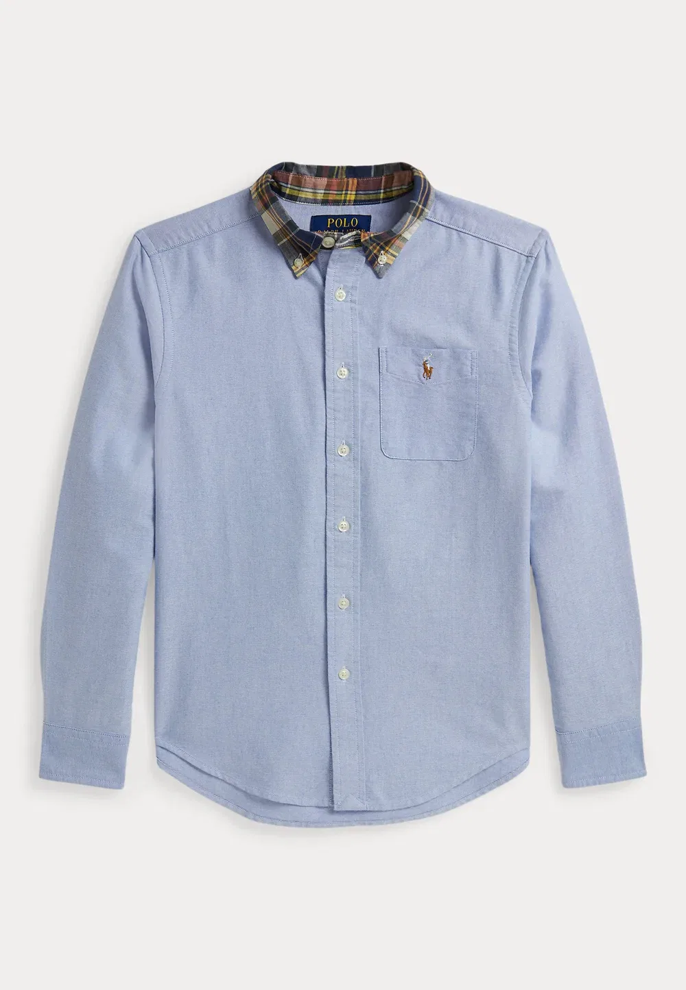 Хлопковая рубашка в клетку с воротником-стойкой, размер 7-14 лет Polo Ralph Lauren, Blue