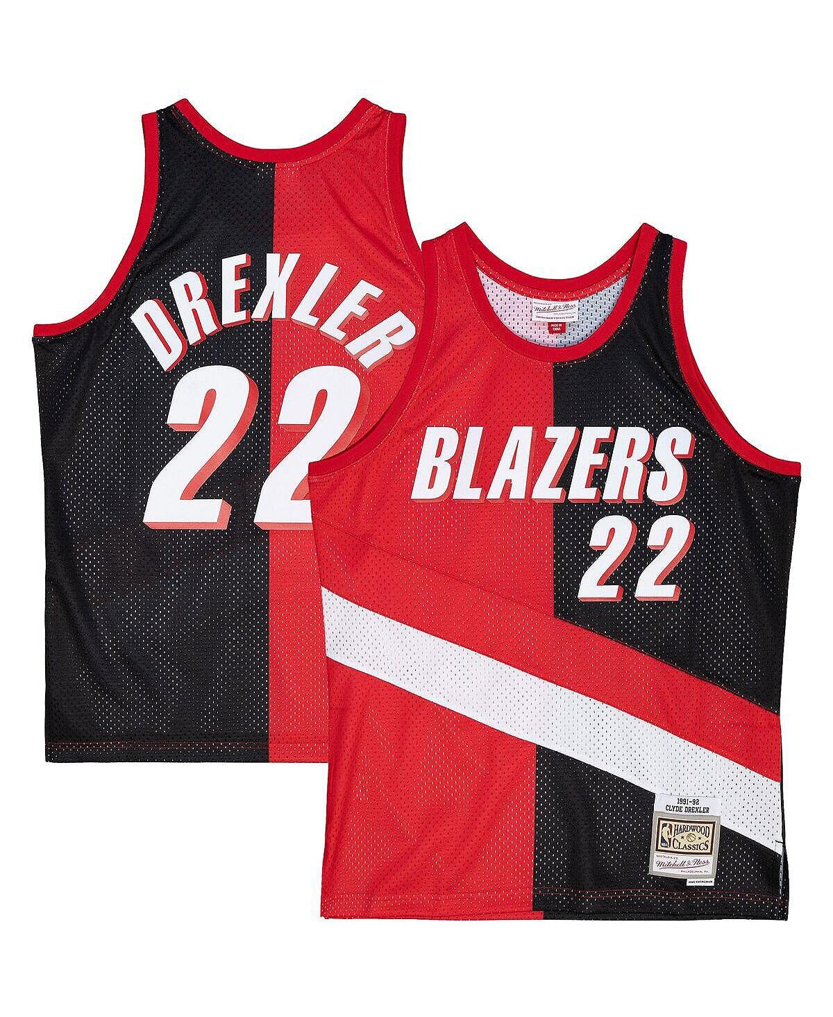 

Мужские clyde drexler red, black portland trail blazers hardwood classics 1991-92 split swingman jersey Mitchell & Ness, мульти