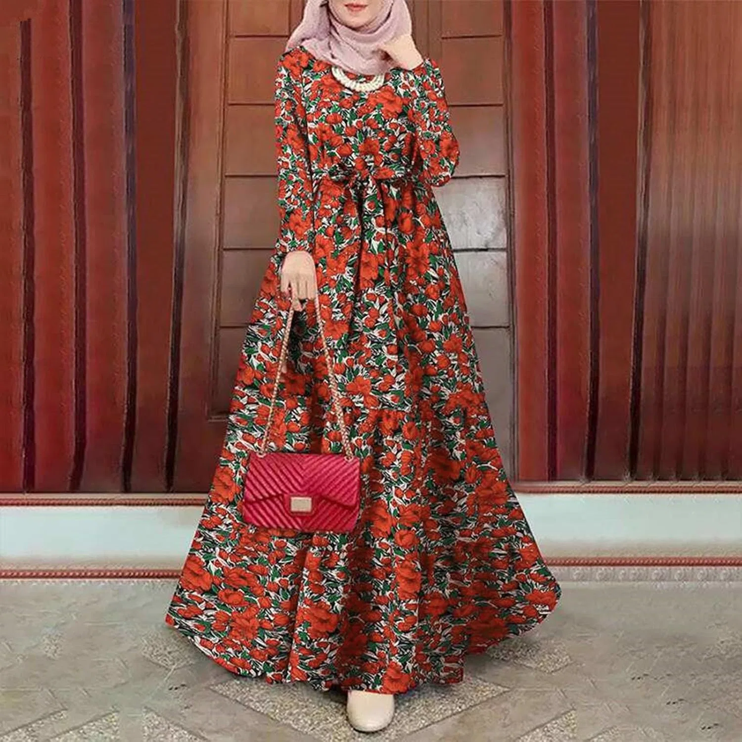 Женское платье-абайя с поясом, Vintage Printed Sun Dress Maxi, 02#_red — фото 3