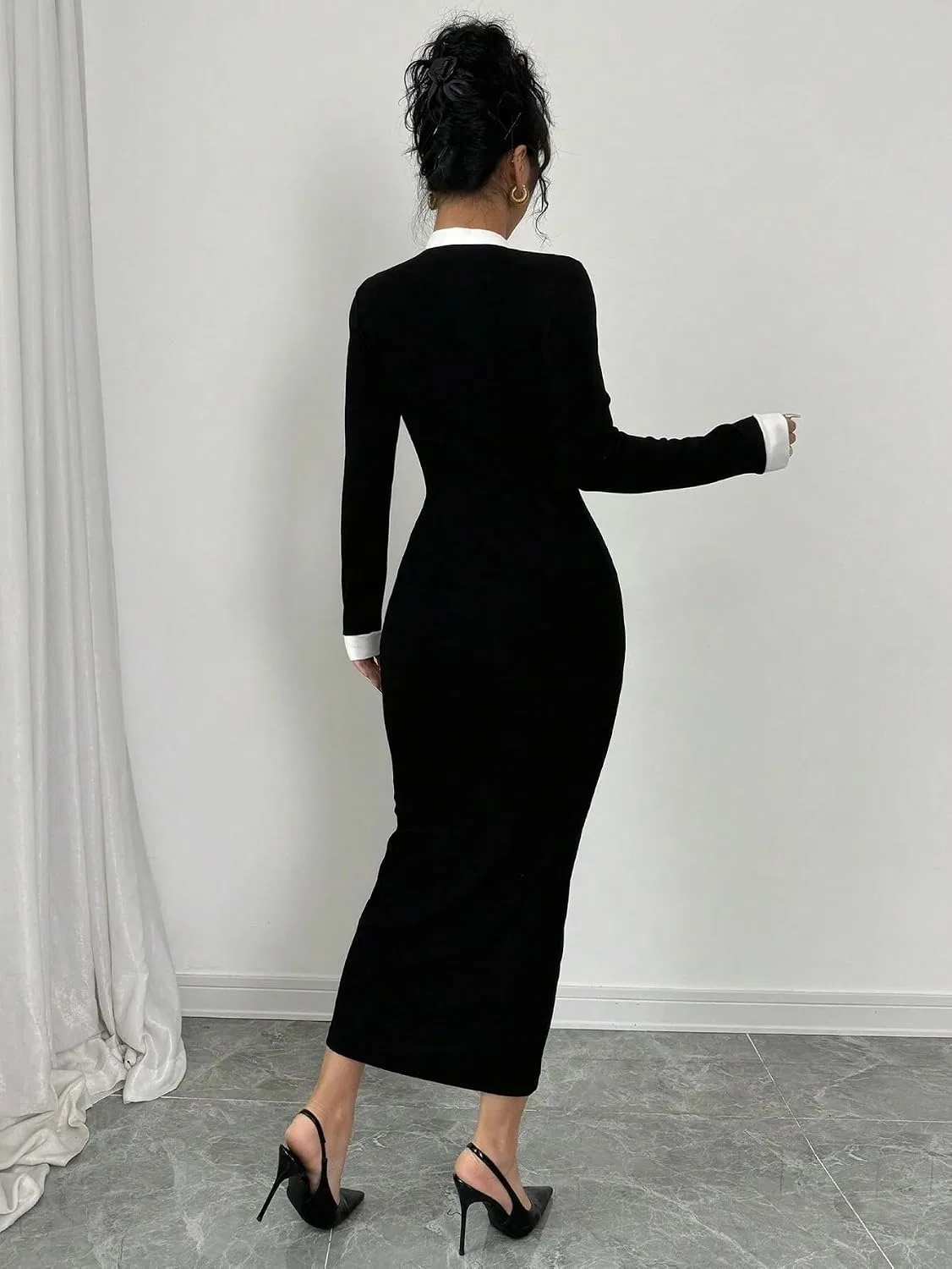 Женское повседневное платье миди V-образный вырез Colorblock, Black — фото 2
