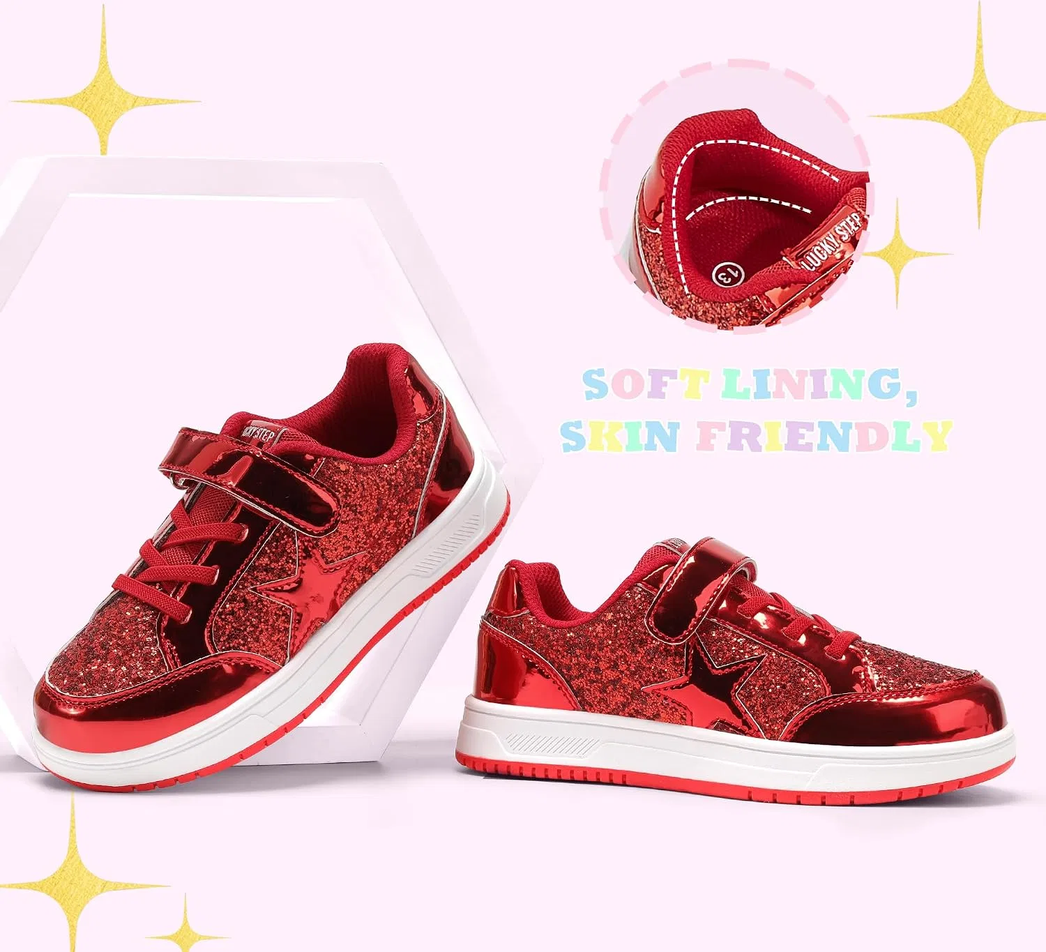 Детские кроссовки для девочек с блестками LUCKY STEP, Red Glitter — фото 4