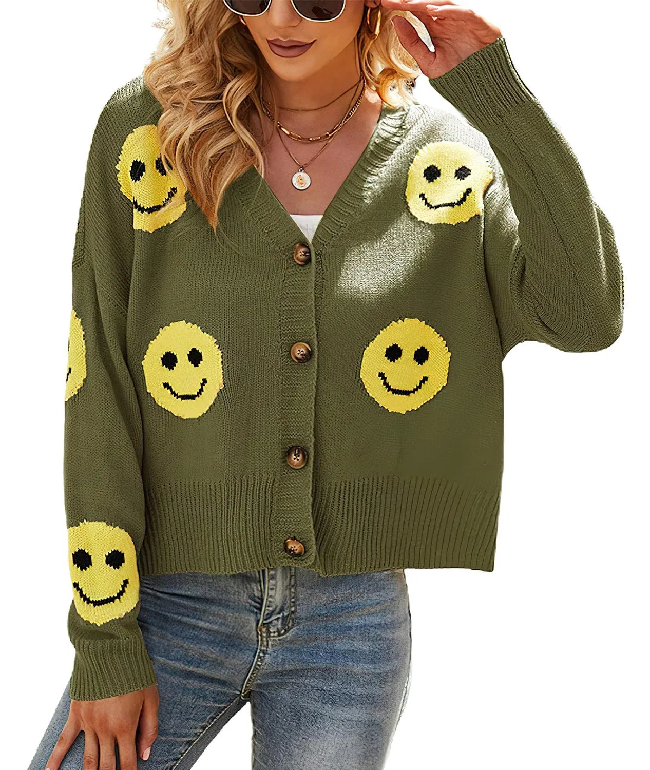 Женское вязаное пальто-кардиган с принтом Daisy Cute Cute Smiling Graphic, 01 Verde militare