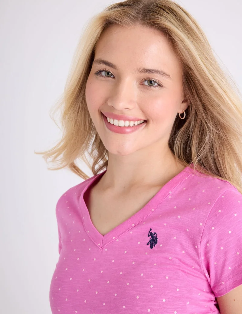 Женская футболка U.S. Polo Assn. Dot Print Ruched Side V-Neck, розовый — фото 4