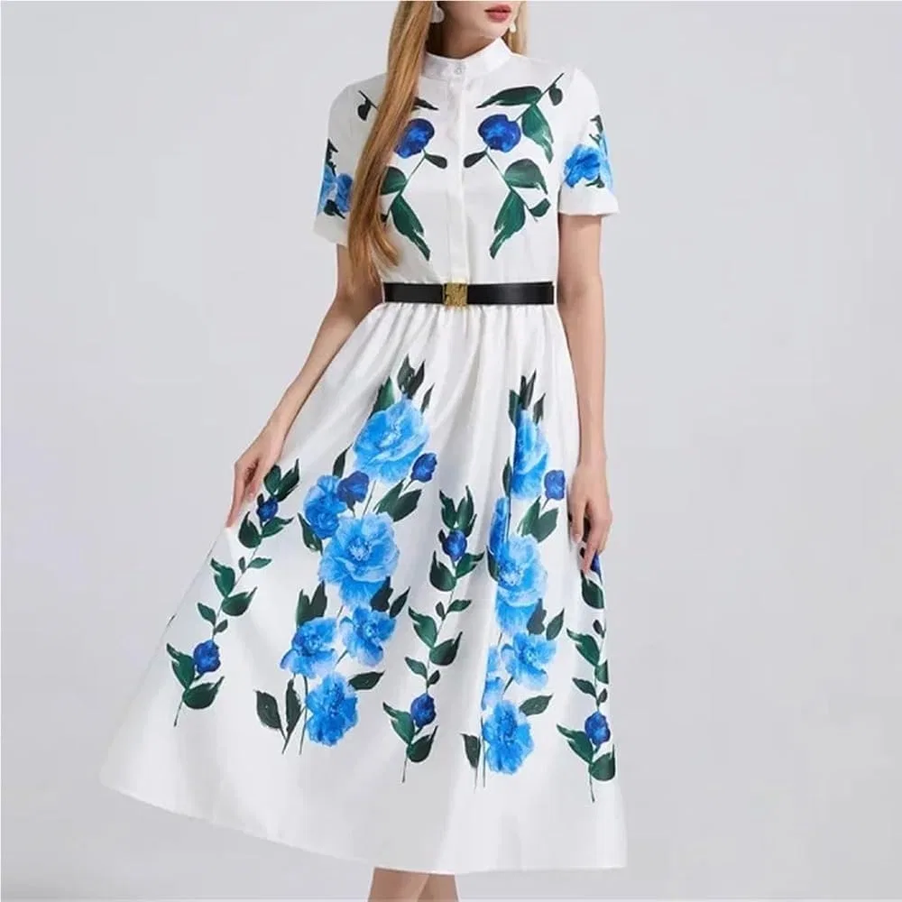 Женское повседневное платье с поясом и принтом, Slim Fit, Blue — фото 2