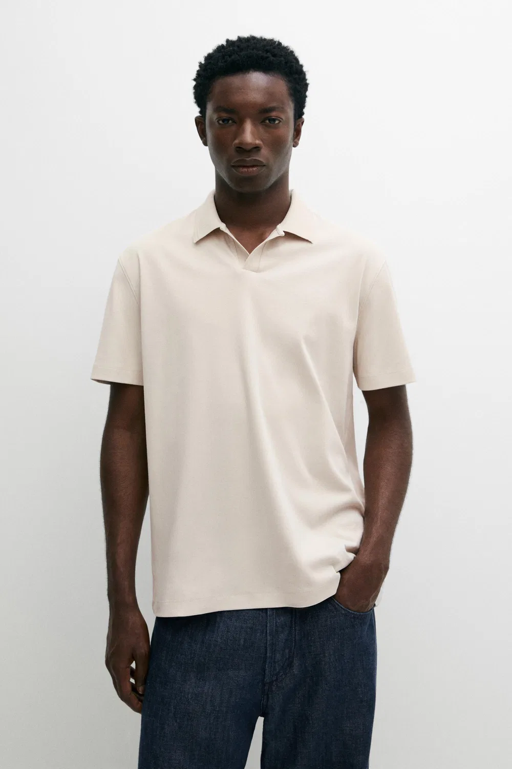 Поло Massimo Dutti 100% Cotton V-Neck Knit, бежевый