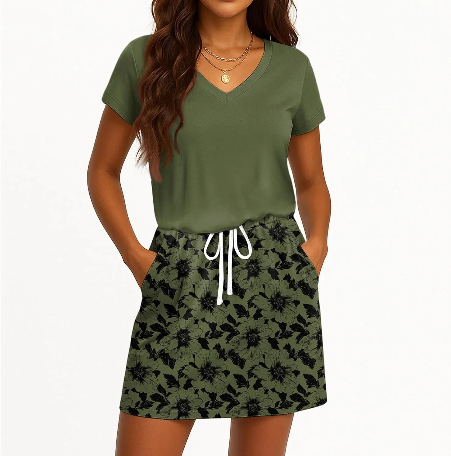Женское мини-платье с V-образным вырезом и завязками на талии, Dark Green — фото 4