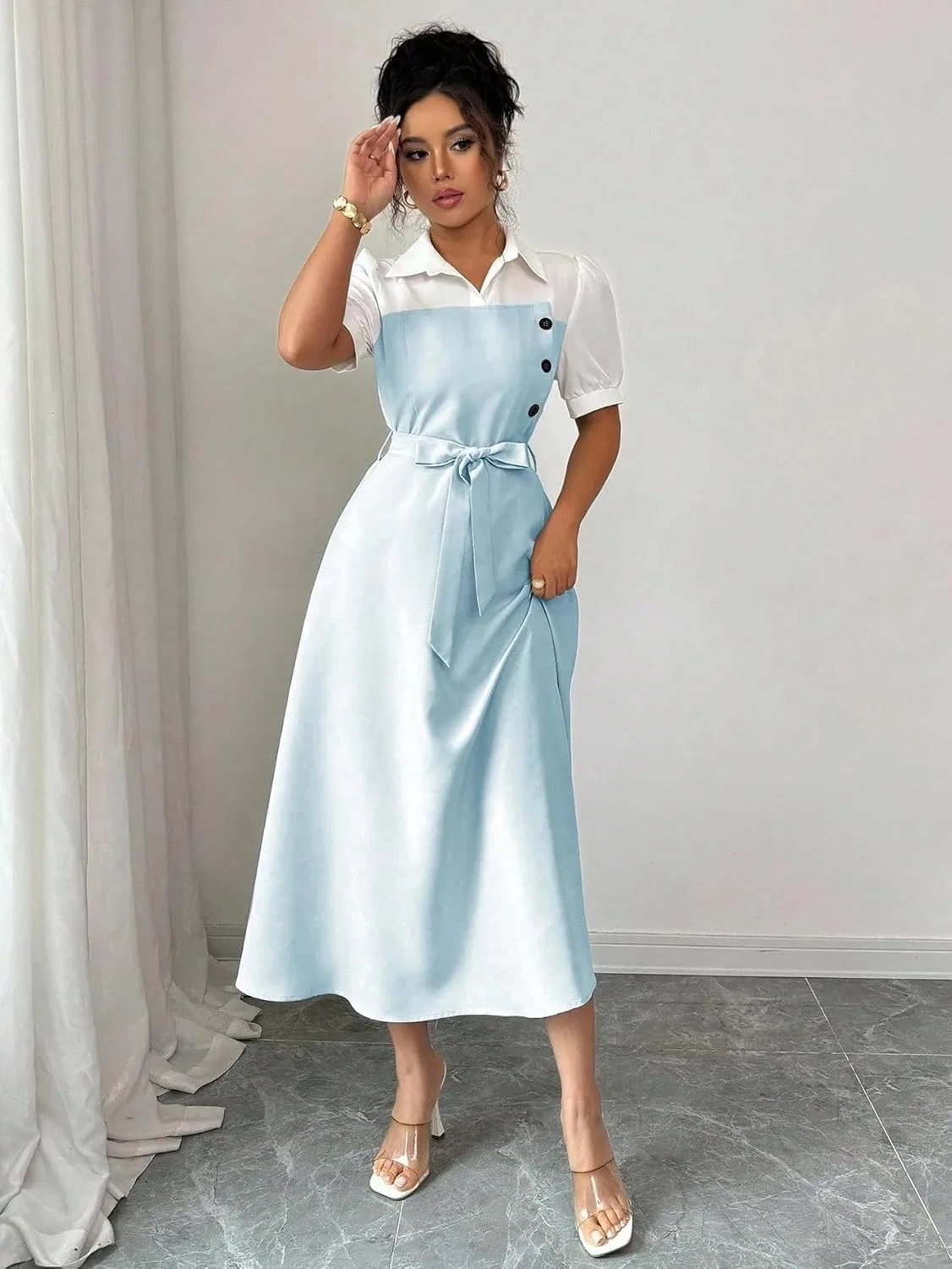 Женское повседневное цветочное миди-платье Colorblock, Blue — фото 3