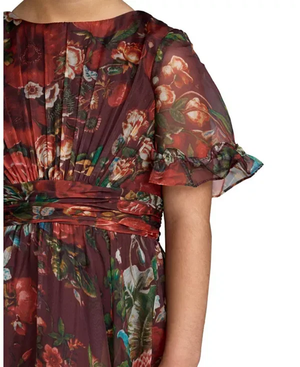 Детское платье для девочек с воланами High Neck Ruffle Hi Low Gown Mac DUGGal, Wine Multi — фото 3