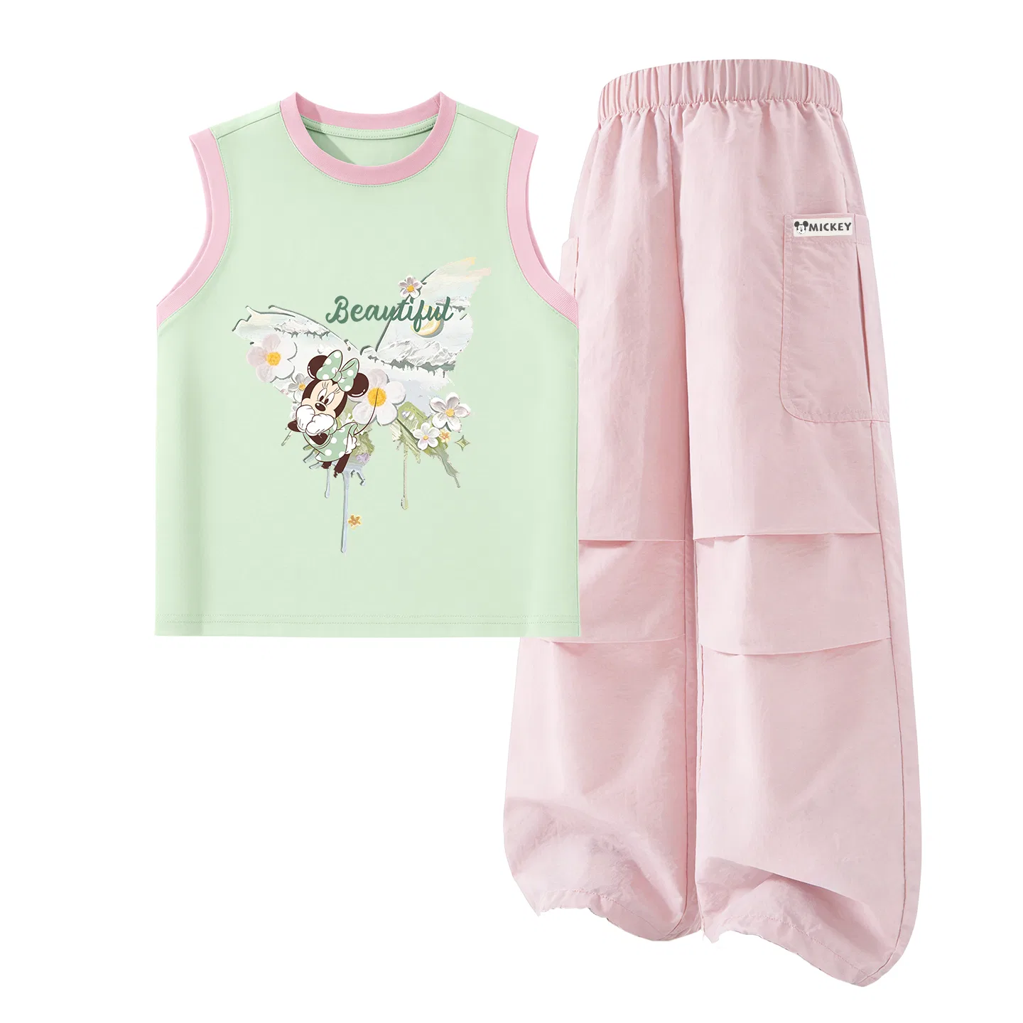 Детский спортивный костюм с круглым вырезом, тонкий и дышащий, Disney, Di Butterfly Pink Green