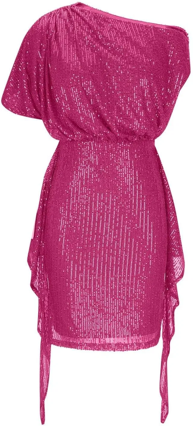 Женское коктейльное платье с пайетками и одним плечом, Dark Pink — фото 4