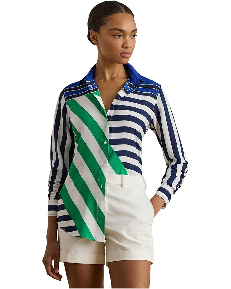 

Женская рубашка Lauren Ralph Lauren Classic Fit в полоску из крепа, Navy/White/Green