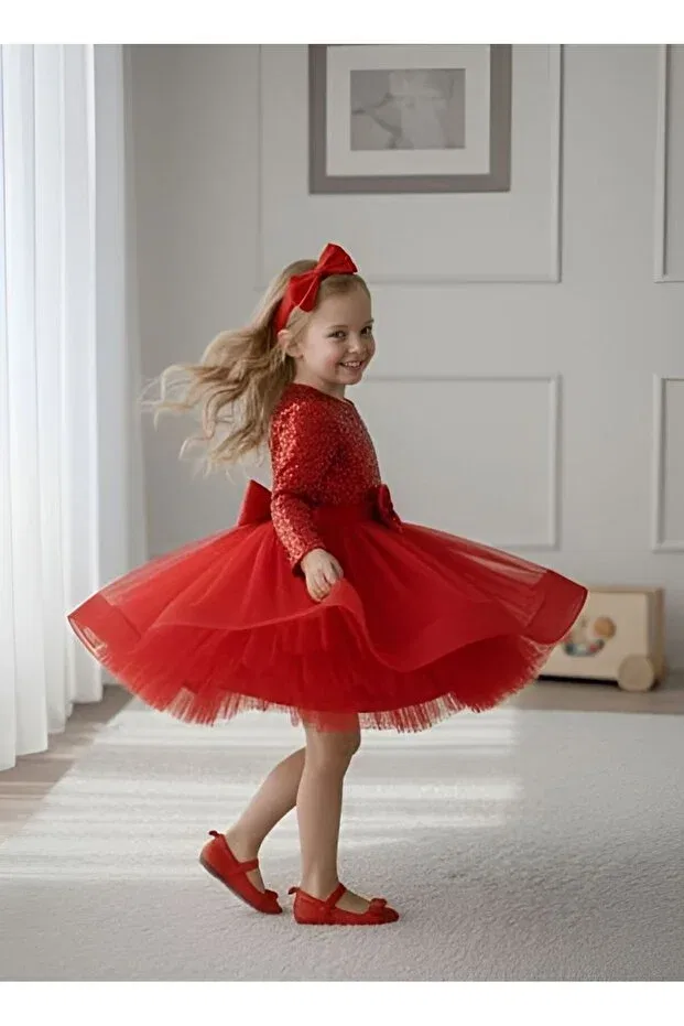 Детское платье для девочек с длинным рукавом Birthday party evening dress Mixie, Red — фото 3
