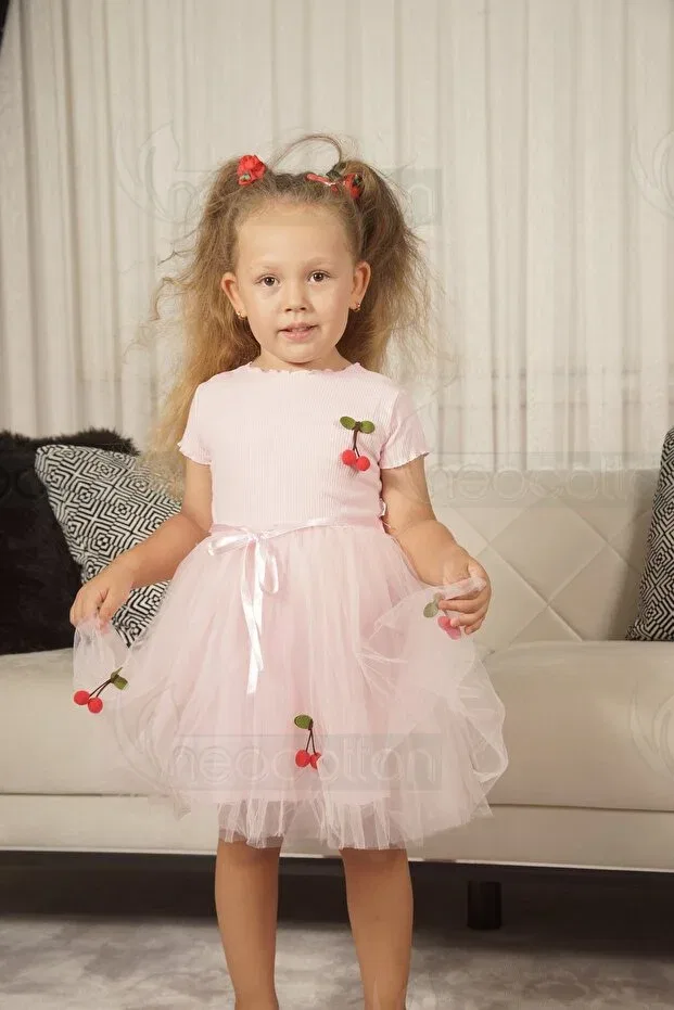 Детское платье для девочек с длинным рукавом Flexible and cherry tulle lined dress Neocotton, Short-Pink — фото 4
