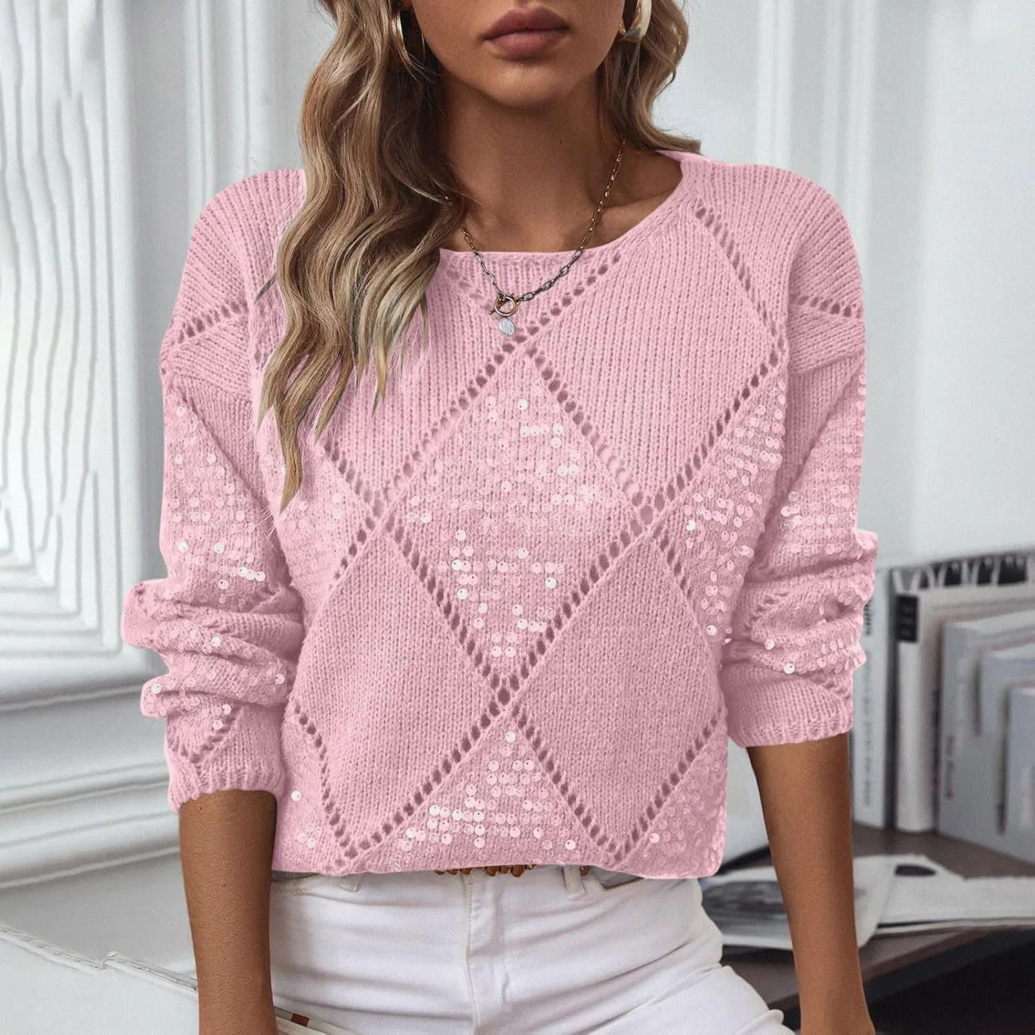 Женский свитер с пайетками, с длинным рукавом, Ribbed Knit Pullover, розовый — фото 2