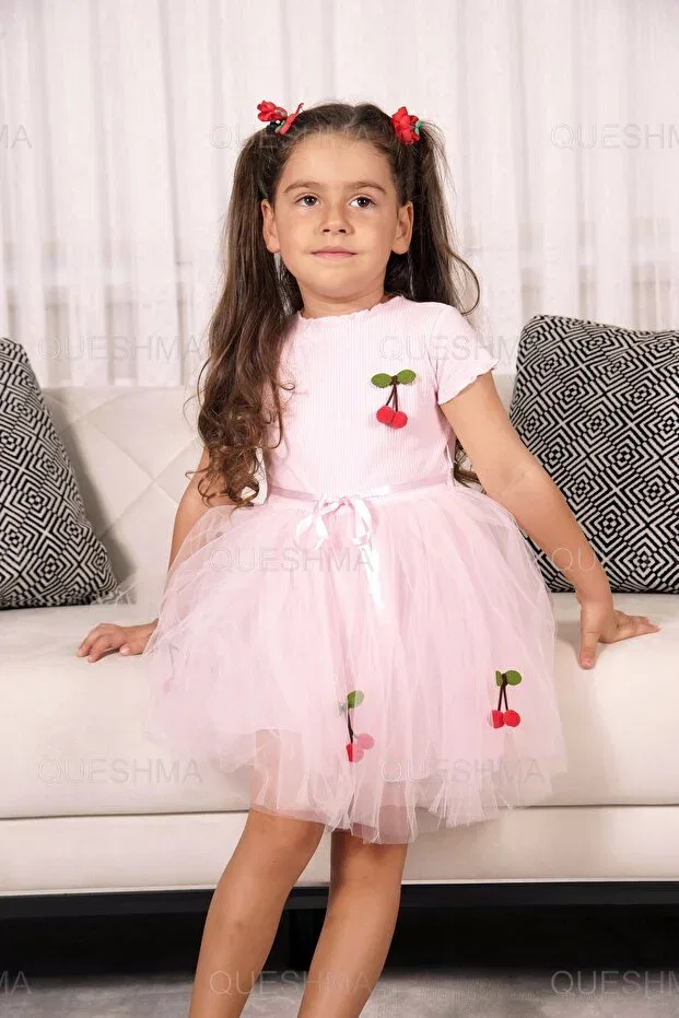 Детское платье для девочек из тюля с принтом Mobile Cherry Queshma, Short-Pink — фото 2
